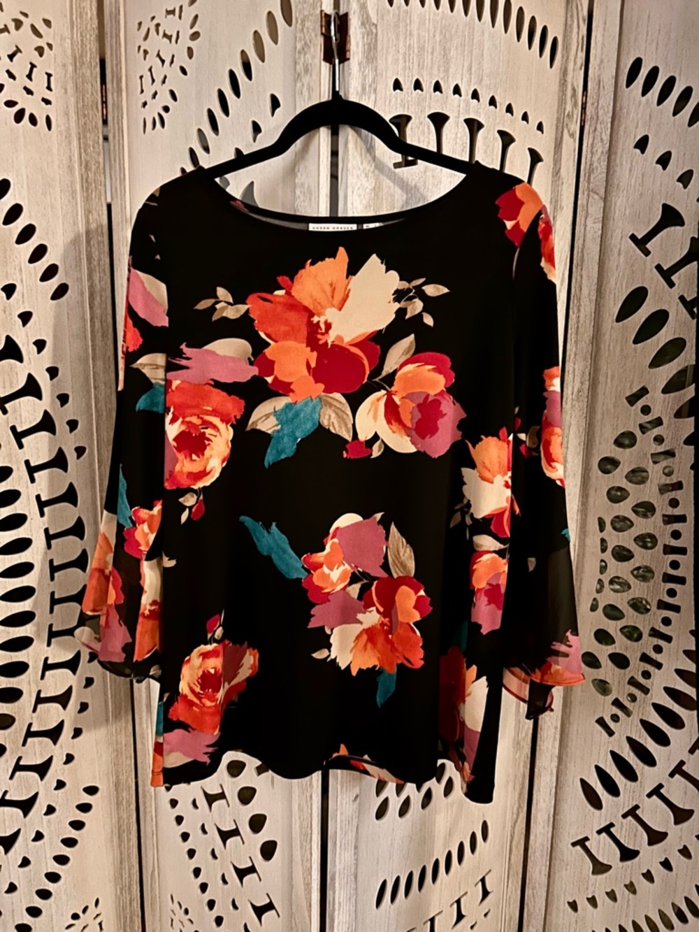 Printed Liquid Knit Top with Chiffon Flounce Cuffs by Susan Graver